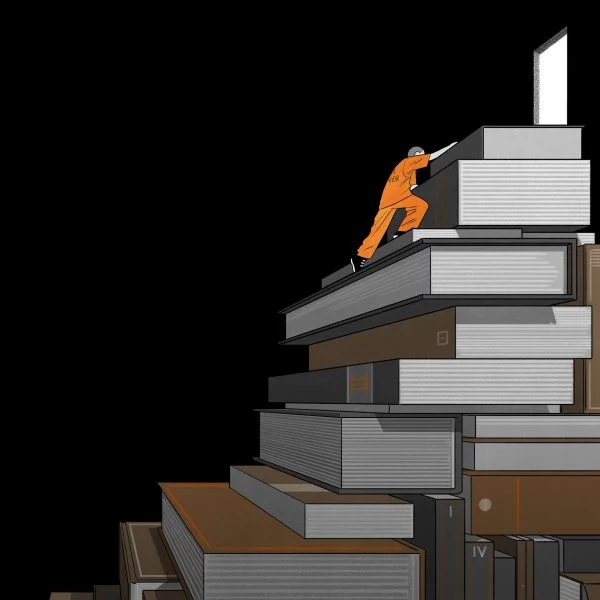 Illustration of incarcerated man climbing mountain of books.