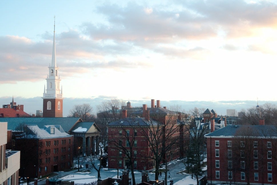 Photograph of the Harvard University campus in winter.