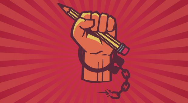 Illustration of a handcuffed fist holding a pencil.