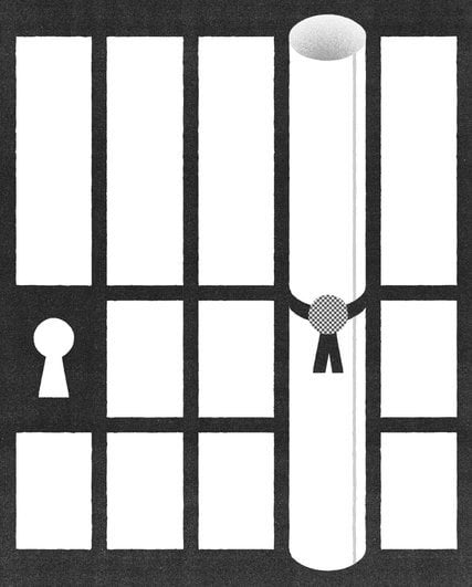 Illustration of a prison cell door with a rolled up diploma between the bars.