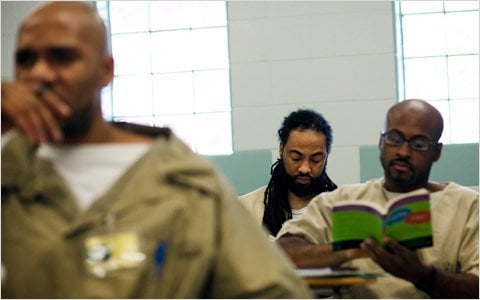 Wesleyan Center for Prison Education students attend a writing class inside the Cheshire Correctional Institution.