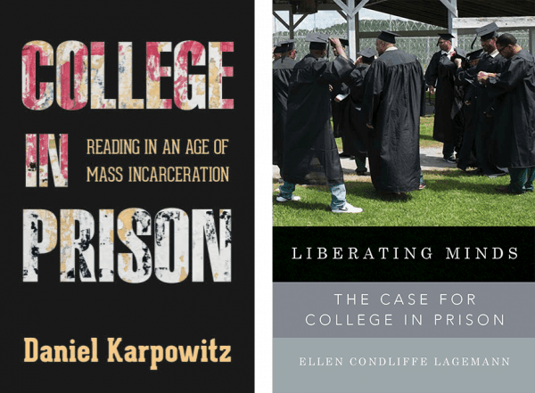 Book Covers of College in Prison by D. Karpowitz and Liberating Minds by E. Lagemann.