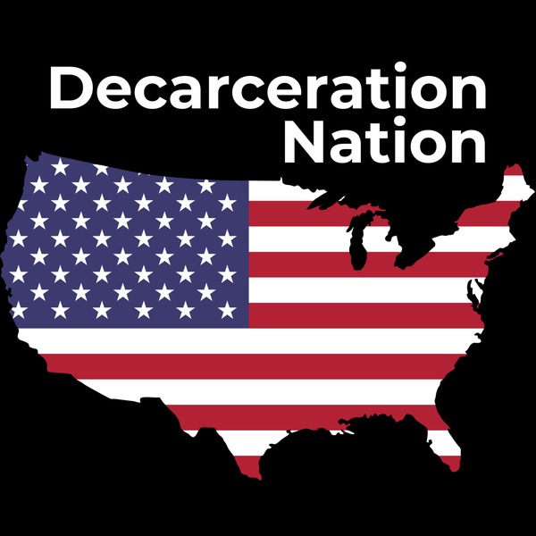 Decarceration Nation logo with US flap inside the map of the USA.