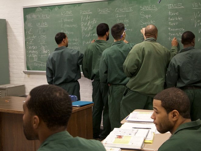 Bard Prison Initiative (BPI) students conjugate Spanish verbs at Eastern New York Correctional Facility
