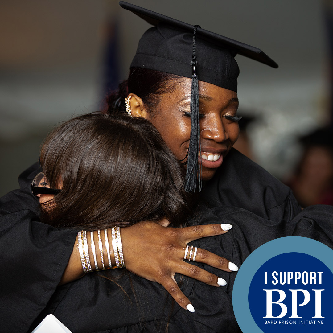 BPI student with graduation robe and cap hugging her family member, with a graphic in the bottom left corner that sys 