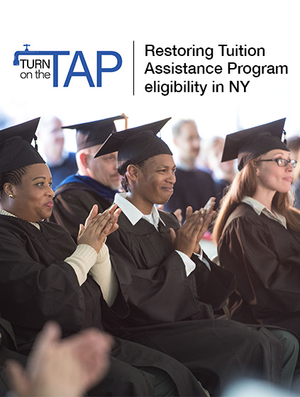 Turn on the TAP | Restoring Tuition Assistance Program eligibility in NY. Graduating female BPI students clapping.