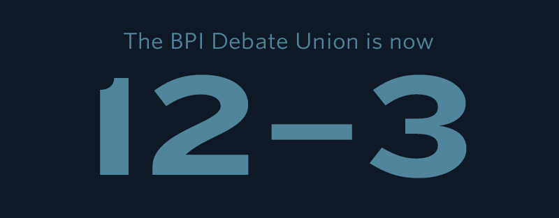 The BPI Debate Union is now 12-3.