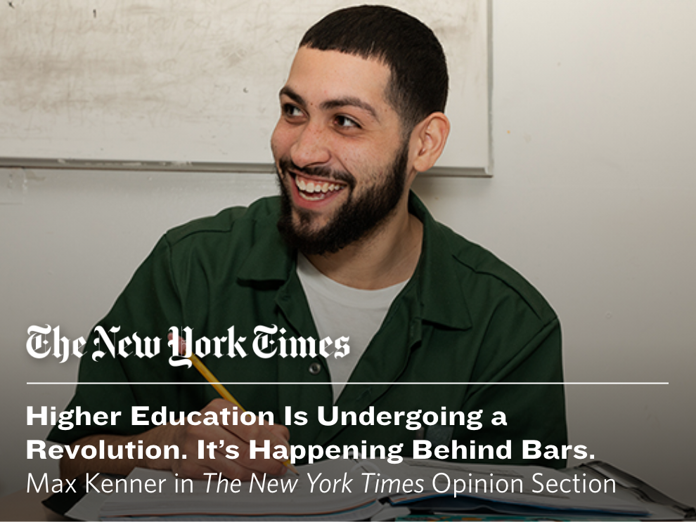 Student smiling and taking notes. A headline from the NY Times is over it: Higher Education Is Undergoing a Revolution. It’s Happening Behind Bars.