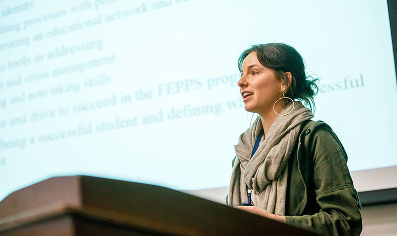 Zoe Brown presenting on FEEPS at the Consortium for Liberal Arts convening in South Bend, 2018.