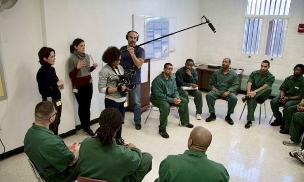 Students of the Bard Prison initiative filming for College Behind Bars. Photo courtesy of Florentine Films