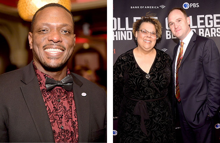 Jule Hall smiling in a tuxedo and Vivian Nixon and Max Kenner standing on the red carpet.