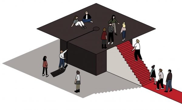 Illustration of people climbing a red-carpet covered staircase leading to the top of a graduation cap.