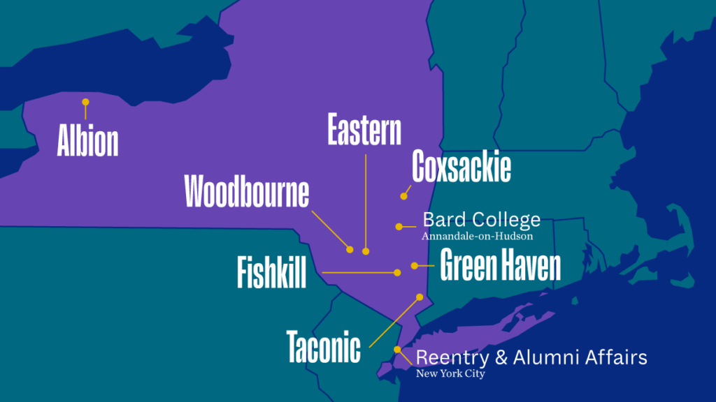 Map of New York State BPI campuses: Albion, Woodbourne, Eastern, Coxsackie, Green Haven, Fishkill, Taconic.