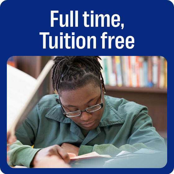 Blue rounded box with text "Full time, Tuition free" and a picture of a BPI student reading.