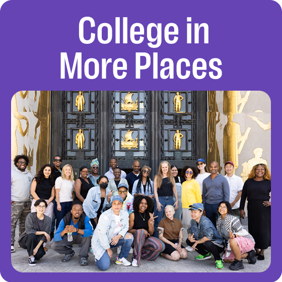 Violet rounded box with text "College in More Places" and a photo of Microcollege students in front of the Brooklyn Public Library Central Library entrance.
