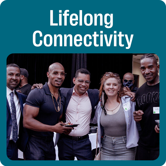 Teal rounded box with the text "Lifelong Connectivity" and a picture of BPI alumni at a gathering.
