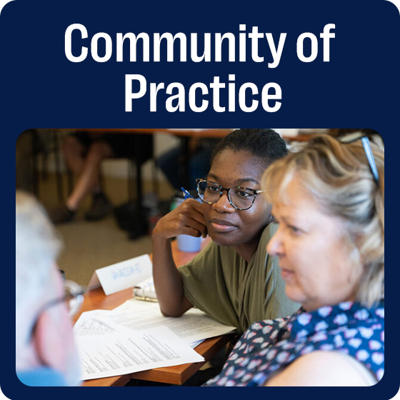 Dark blue rounded box with the text "Community of Practice" and two practioners listening at a desk.
